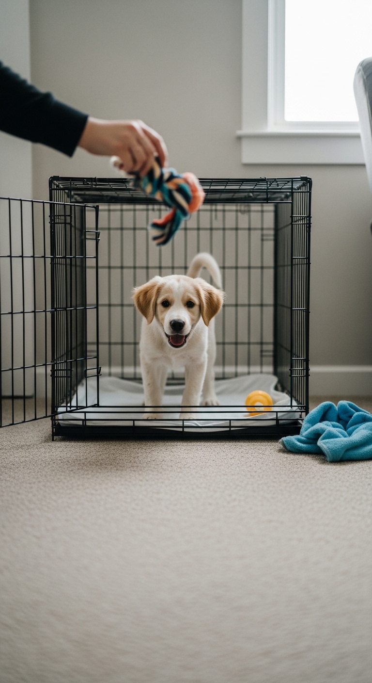 A puppy is in a cage and playing with a toy.