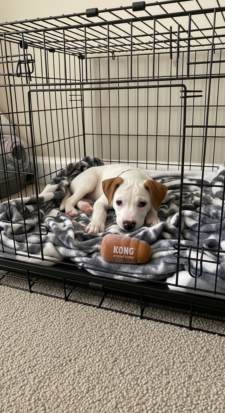 A white puppy is laying in a cage with a Kong toy.