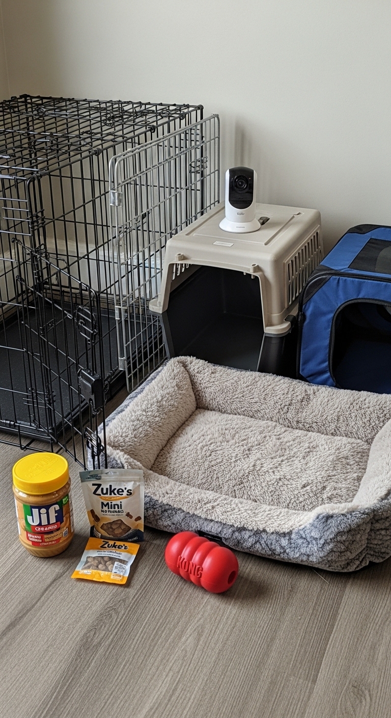 A new puppy crate with a bed, toys, and treats.