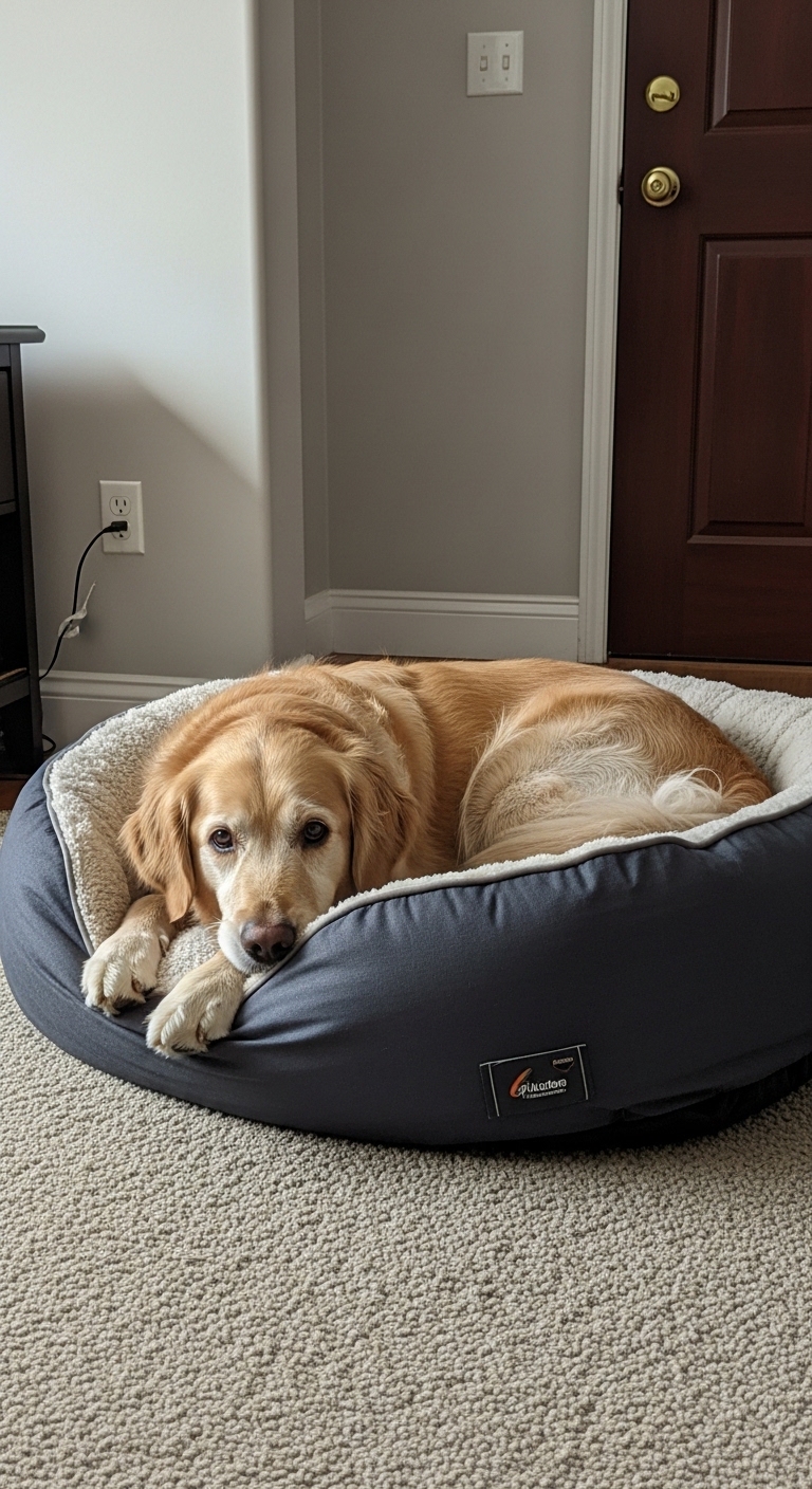 A dog is laying on a dog bed.