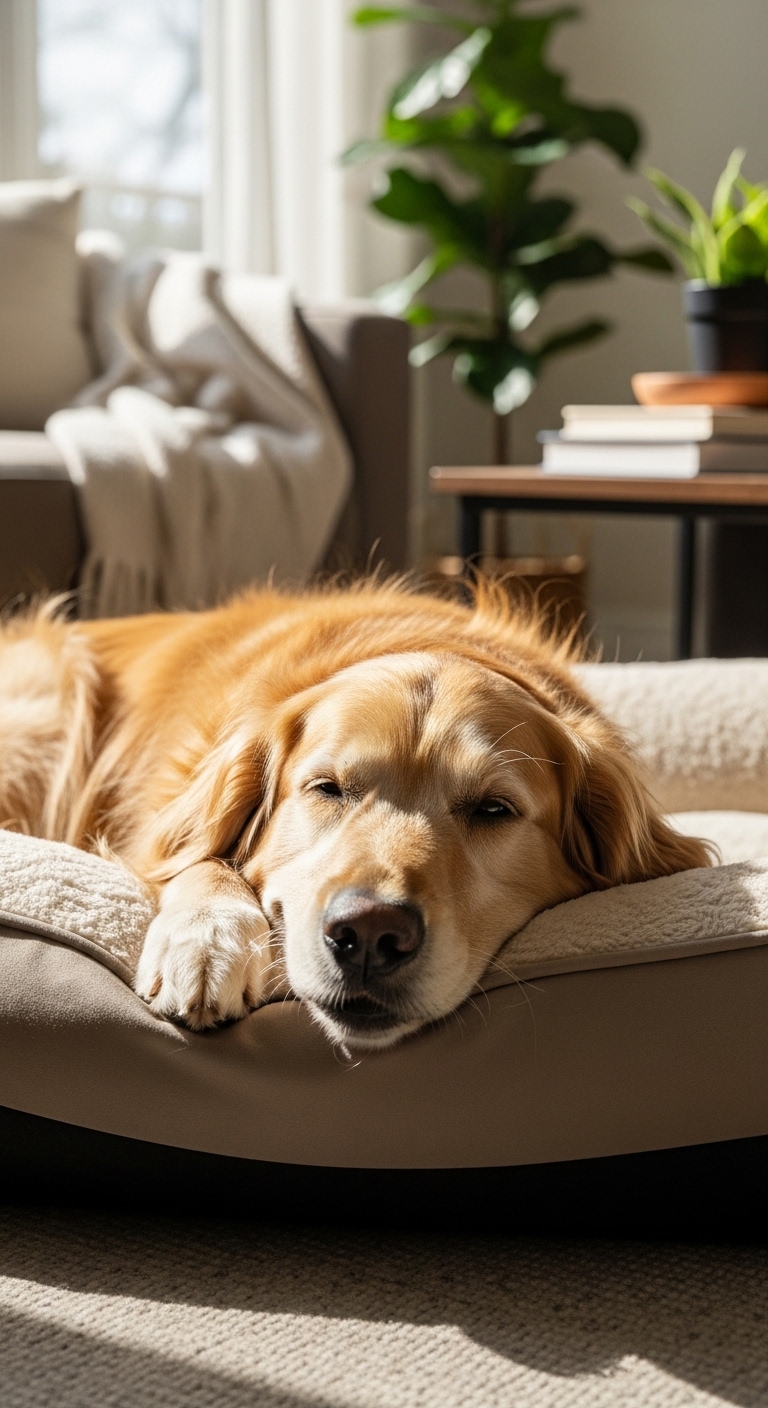 A dog is laying on a memory foam dog bed.