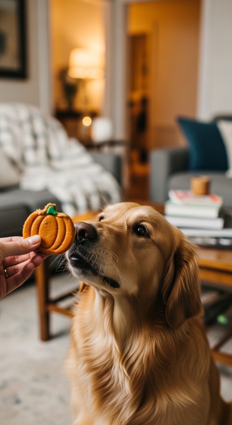 A dog eating a peanut butter pumpkin.