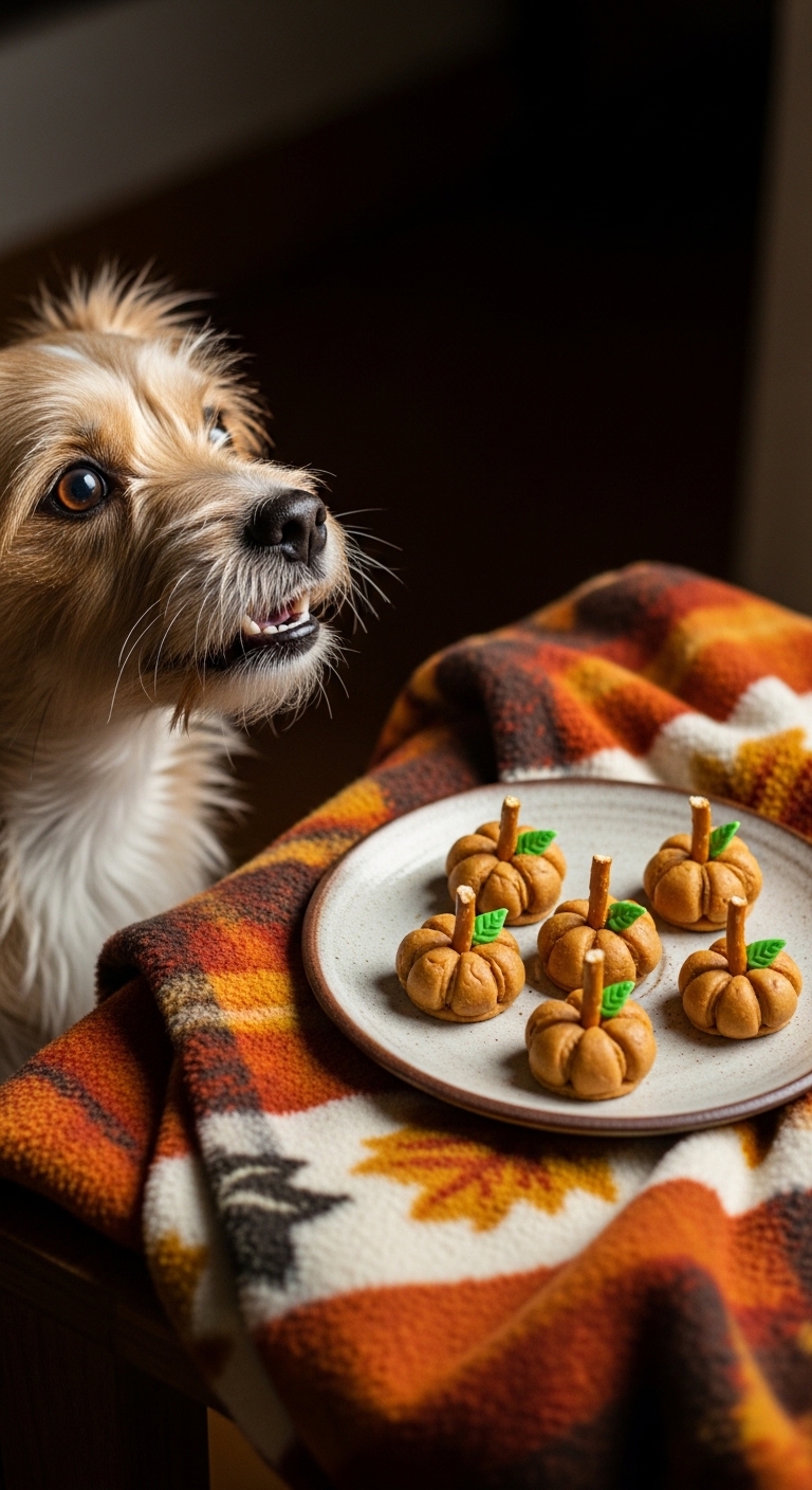 A dog sitting on a blanket next to a plate of peanut butter pumpkins.