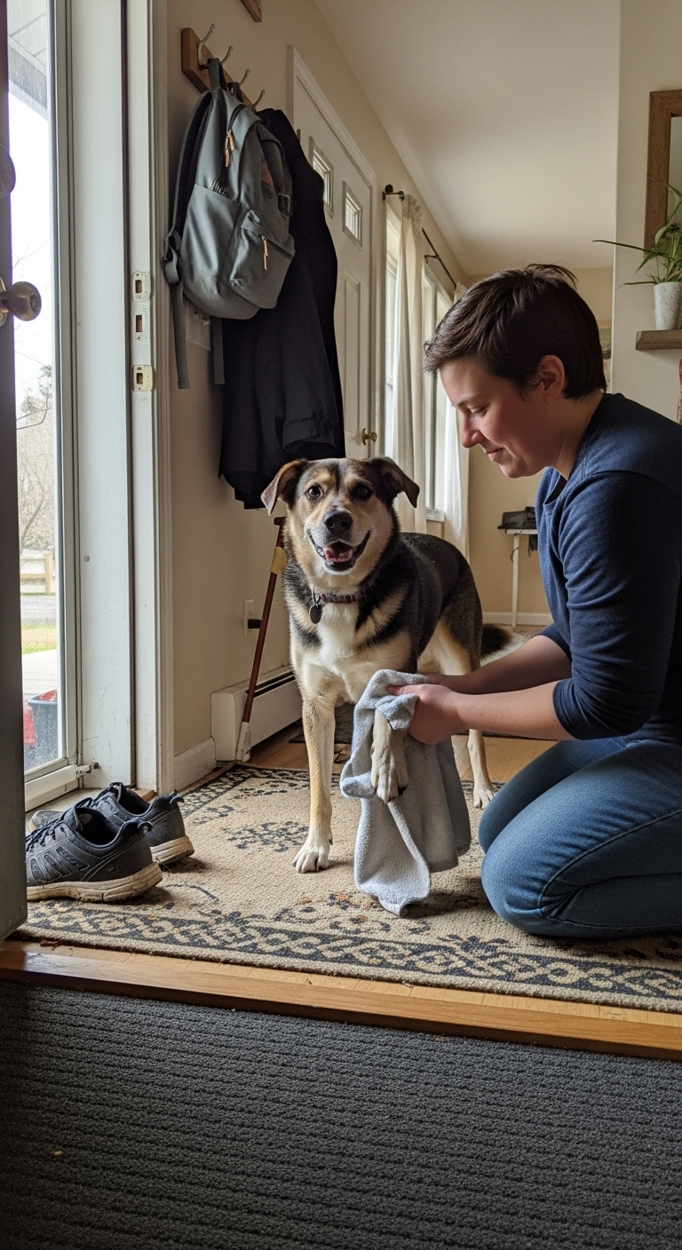 A woman is kneeling down to clean her dog.