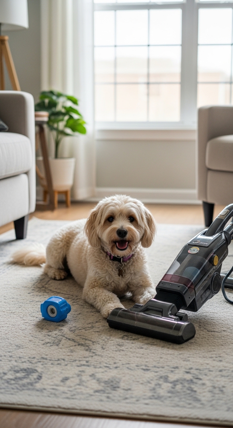A dog is laying on the floor next to a vacuum cleaner.