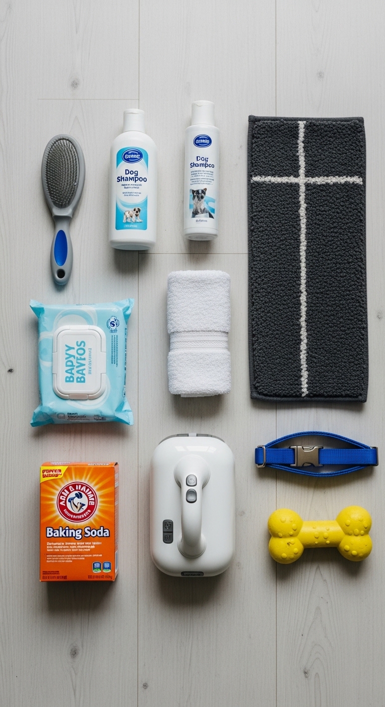 A collection of pet cleaning supplies.
