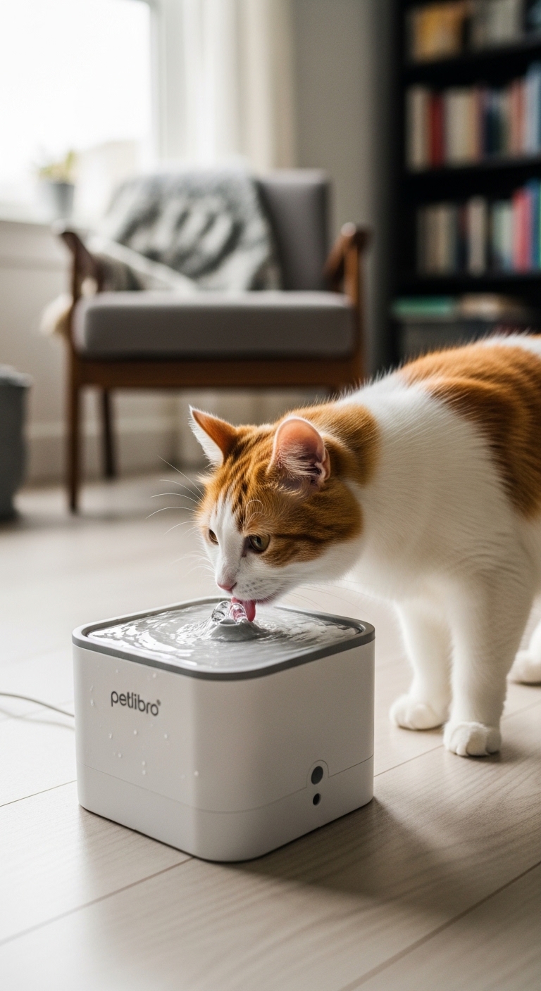 A cat drinking water from a Petlibro water fountain.