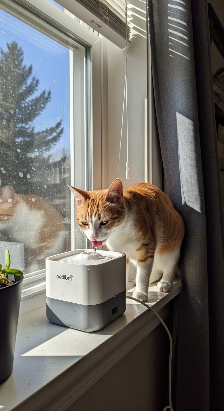 A cat drinking water from a Petlibro fountain.