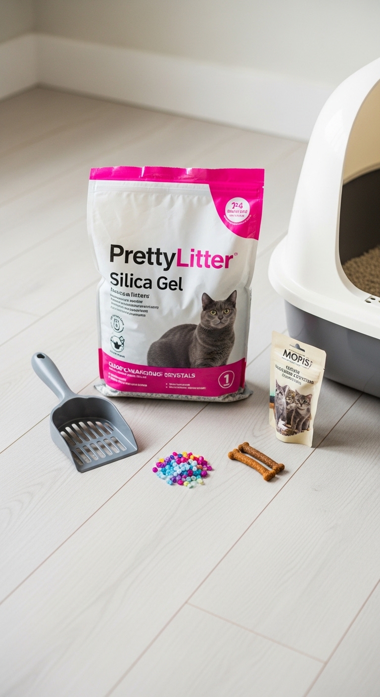 A cat food bag and a bag of cat treats are on the floor.