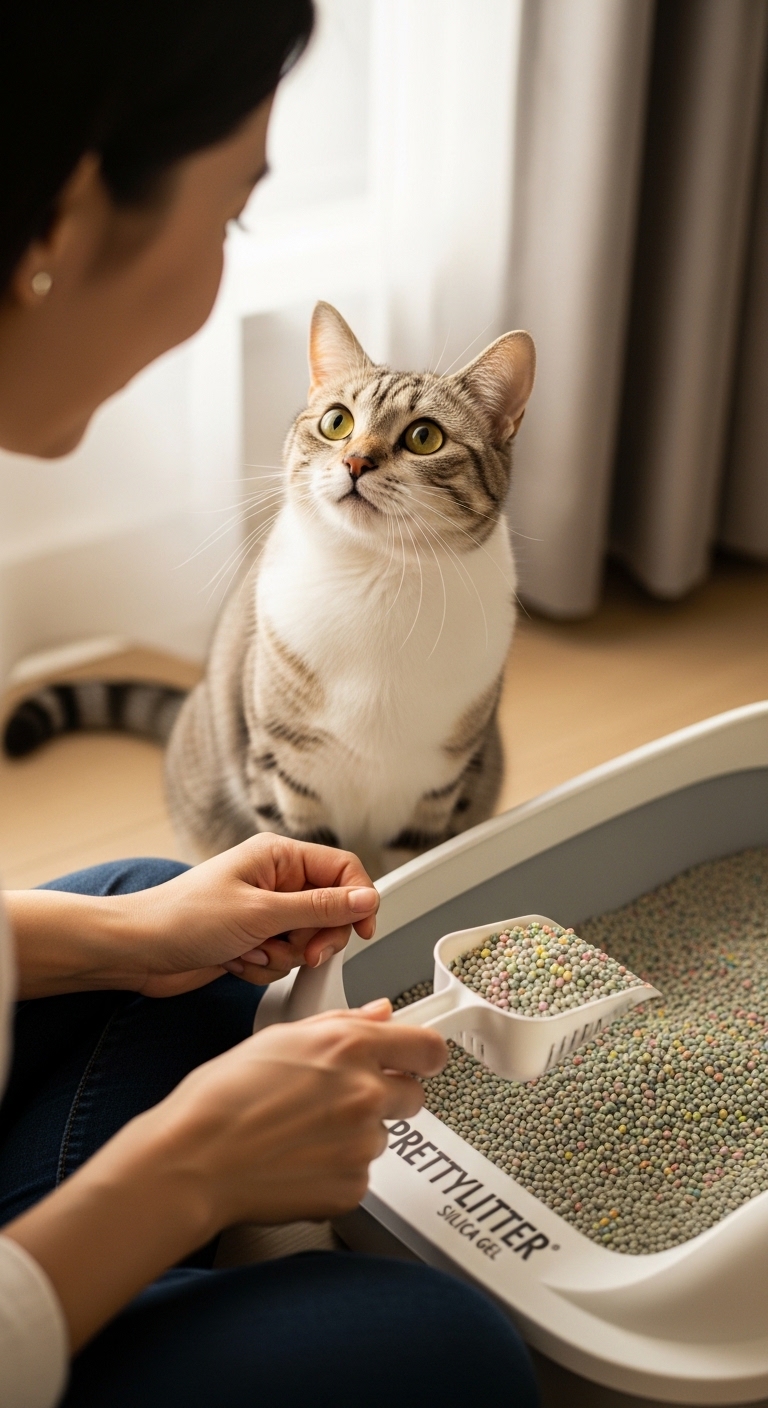 A cat sitting in a box with a woman holding a container of cat food.