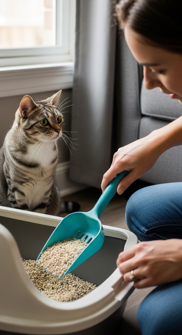 A woman is holding a blue spoon over a cat food container.