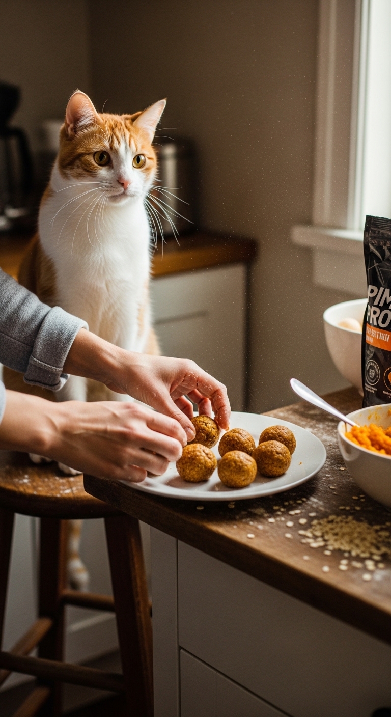A person is holding a plate with pumpkin protein balls.