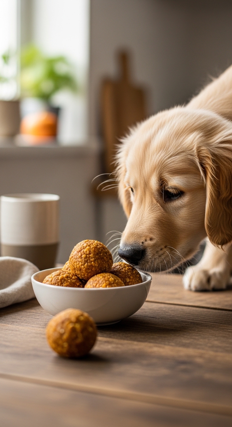 A dog sniffs a bowl of pumpkin protein balls.