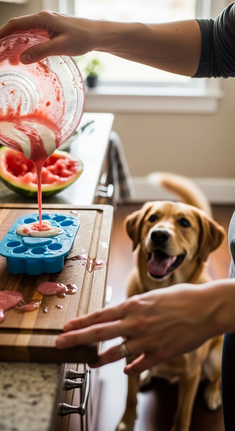 A puppy is looking at a blue popsicle on a table.
