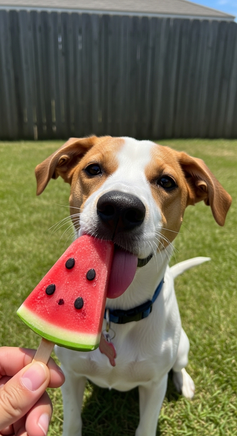 A dog with a blue collar holding a piece of watermelon.