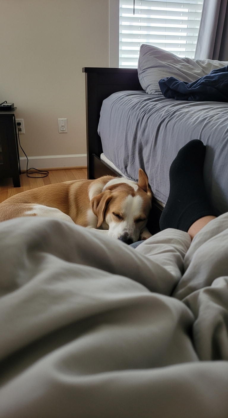 A dog laying on a bed with a person's leg.