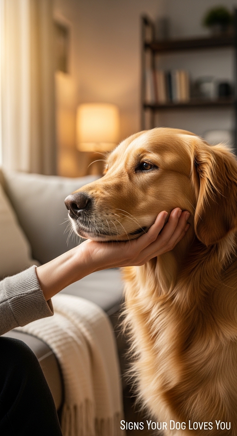 A dog with a human's hand on its head.