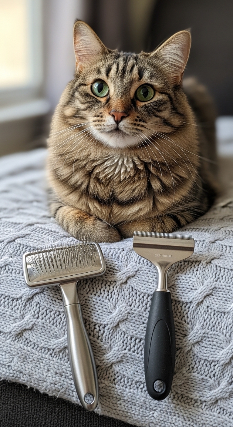 A cat is laying on a bed next to a slicker brush and a deshedding tool.