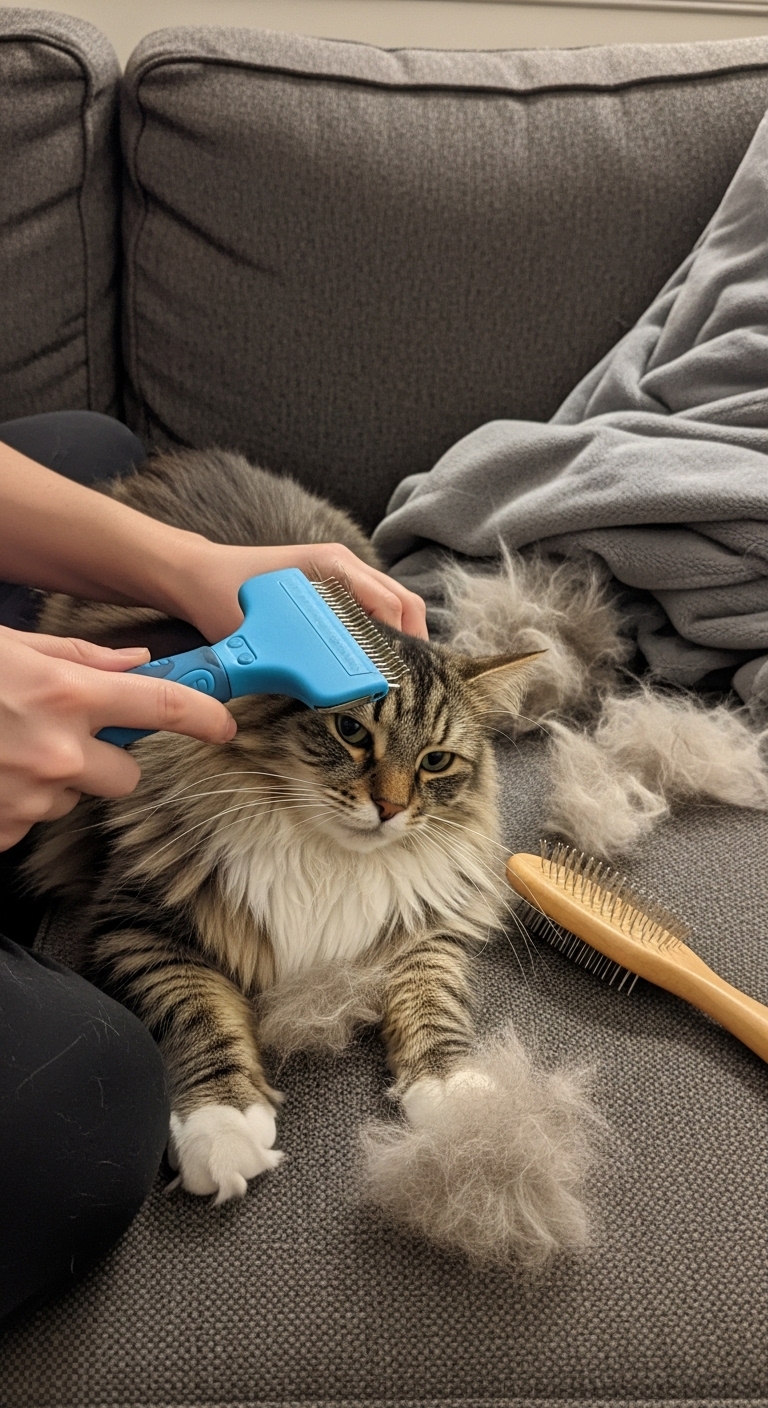 A cat is being groomed with a slicker brush.