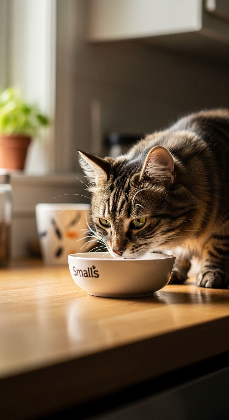 A cat eating from a Smalls cat food bowl.