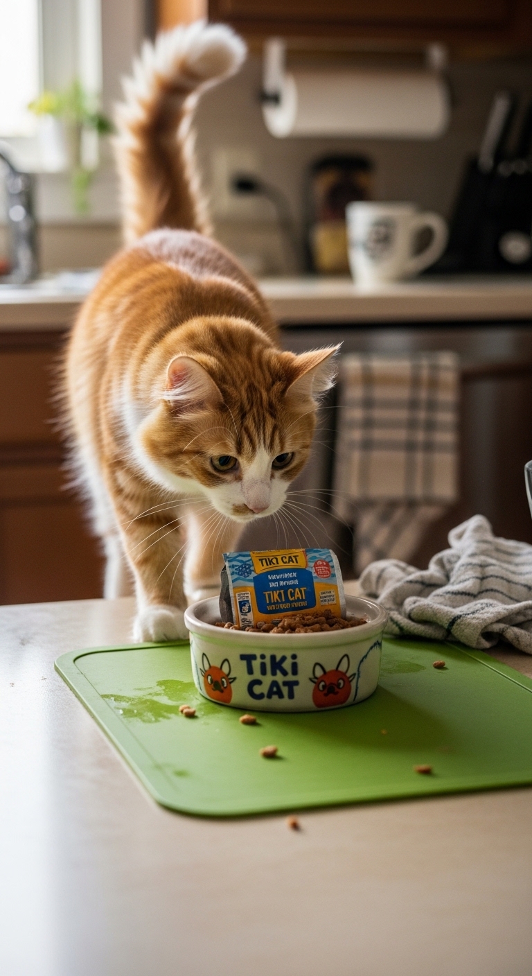 A cat eating food from a Tiki Cat bowl.