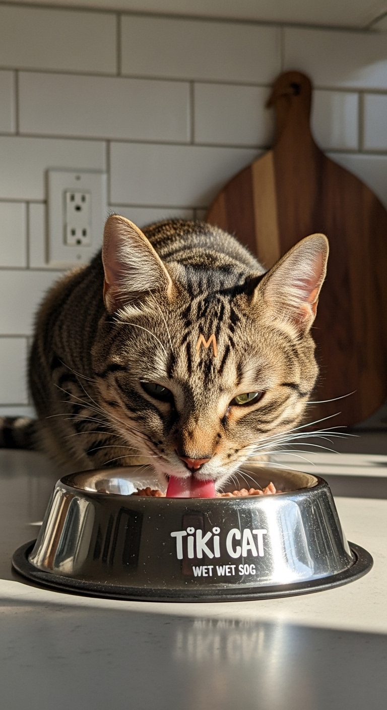 A cat eating food from a Tiki Cat bowl.
