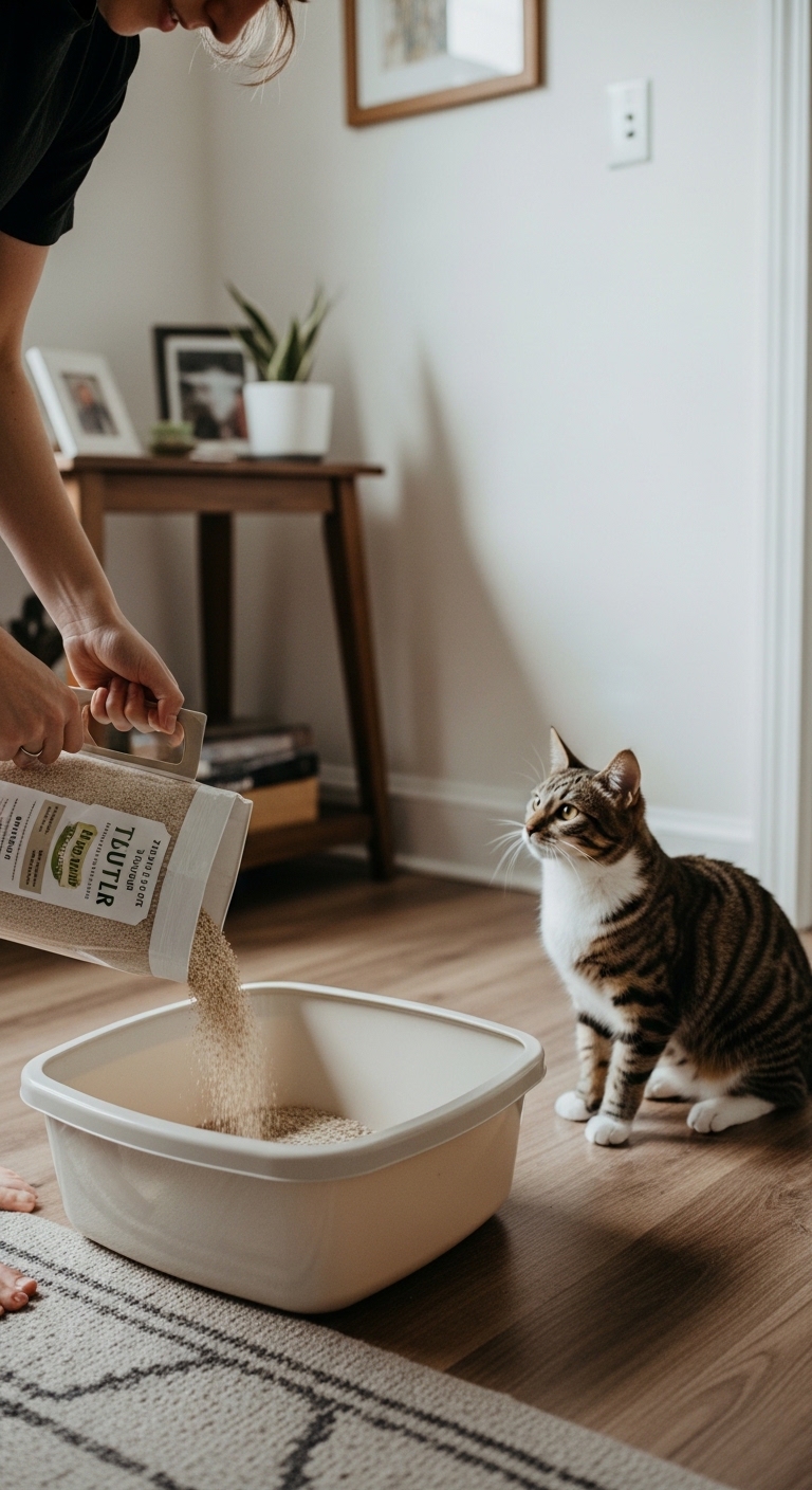 A cat sits next to a bag of tofu litter.