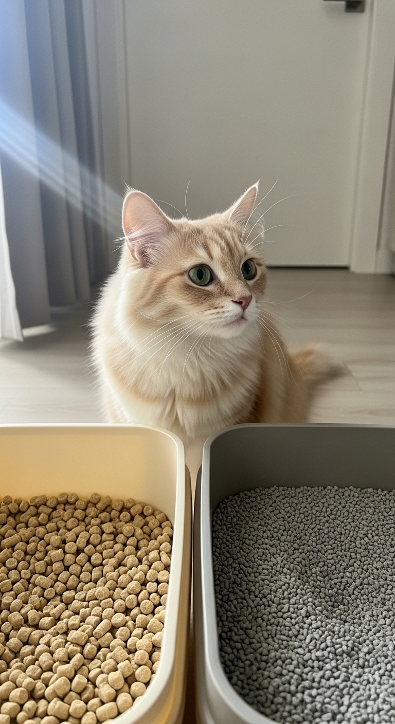 A cat sitting on the floor between two bowls of litter.