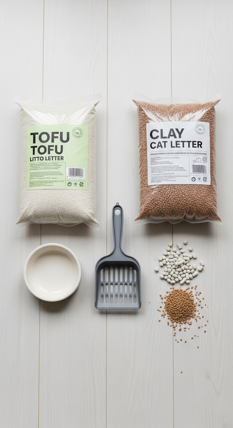 Two bags of cat litter, one is tofu litter and the other is clay litter.
