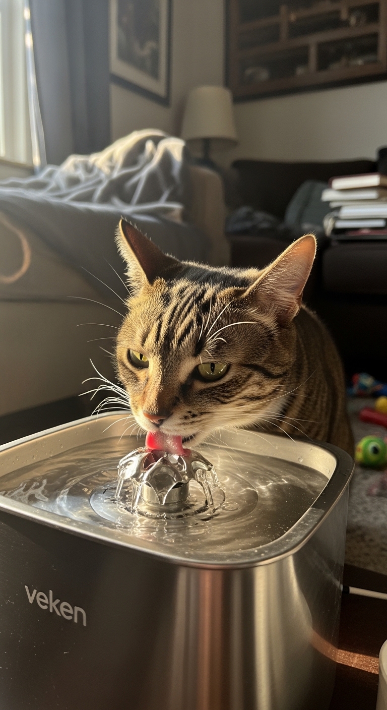 A cat drinking water from a Veken Cat Water Fountain.