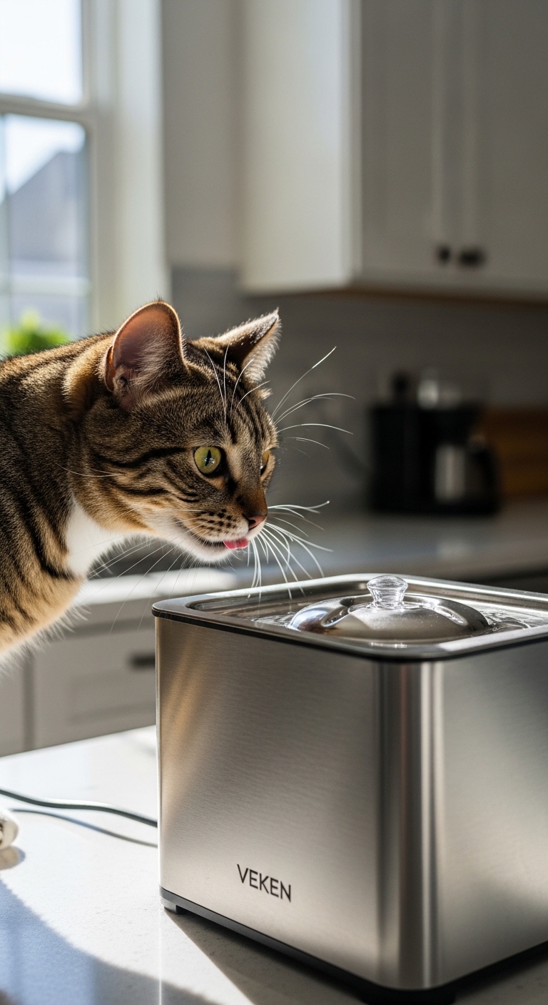 A cat is drinking water from a Veken Cat Water Fountain.