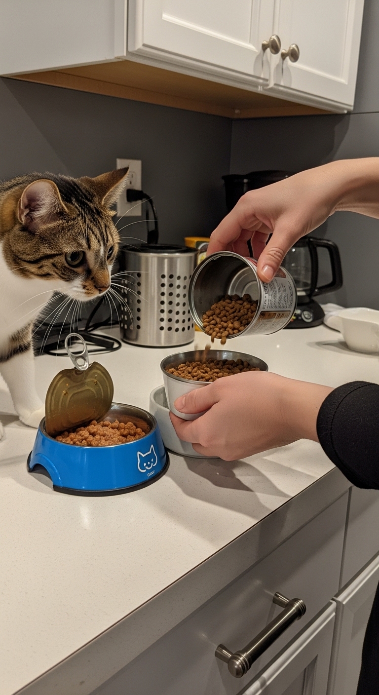 A person is feeding a cat from a can of wet food.