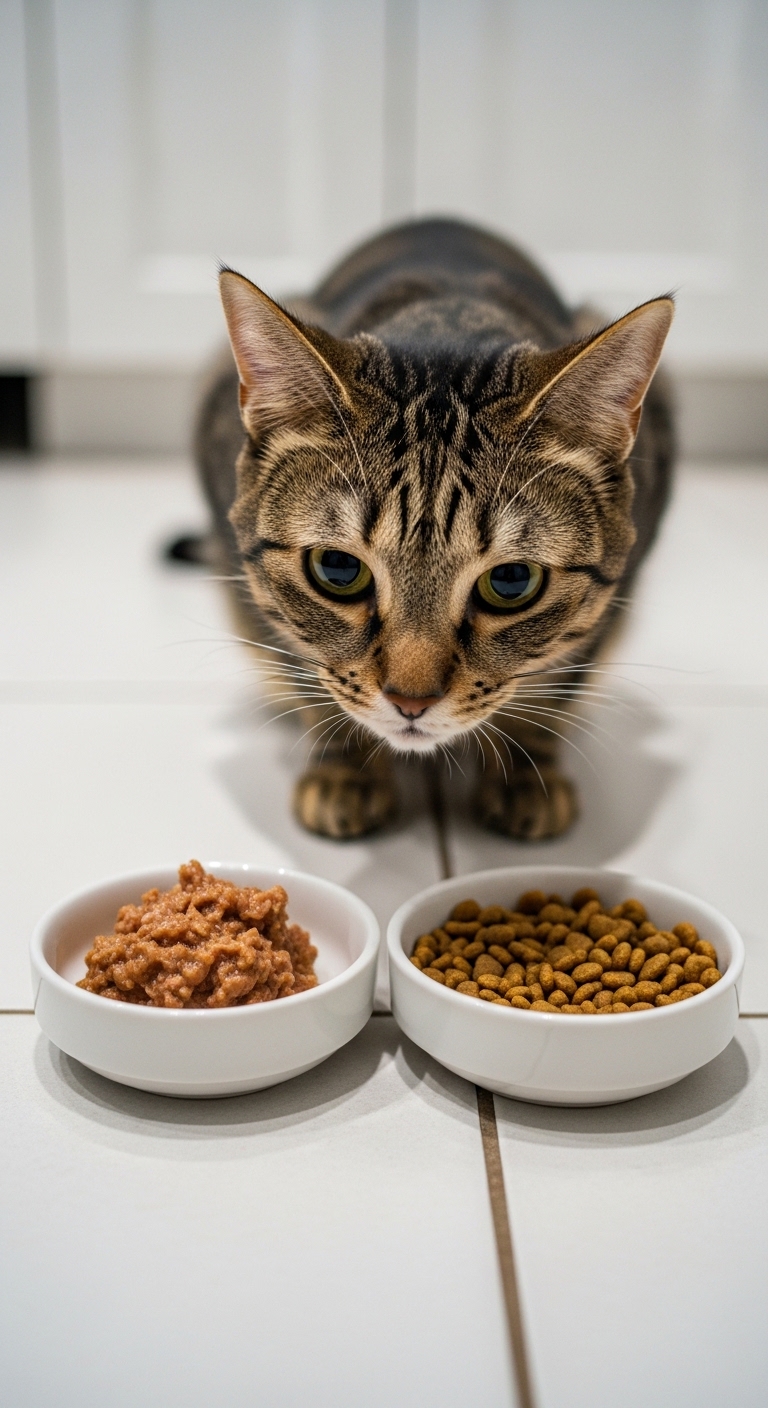 A cat is standing next to two bowls of food.