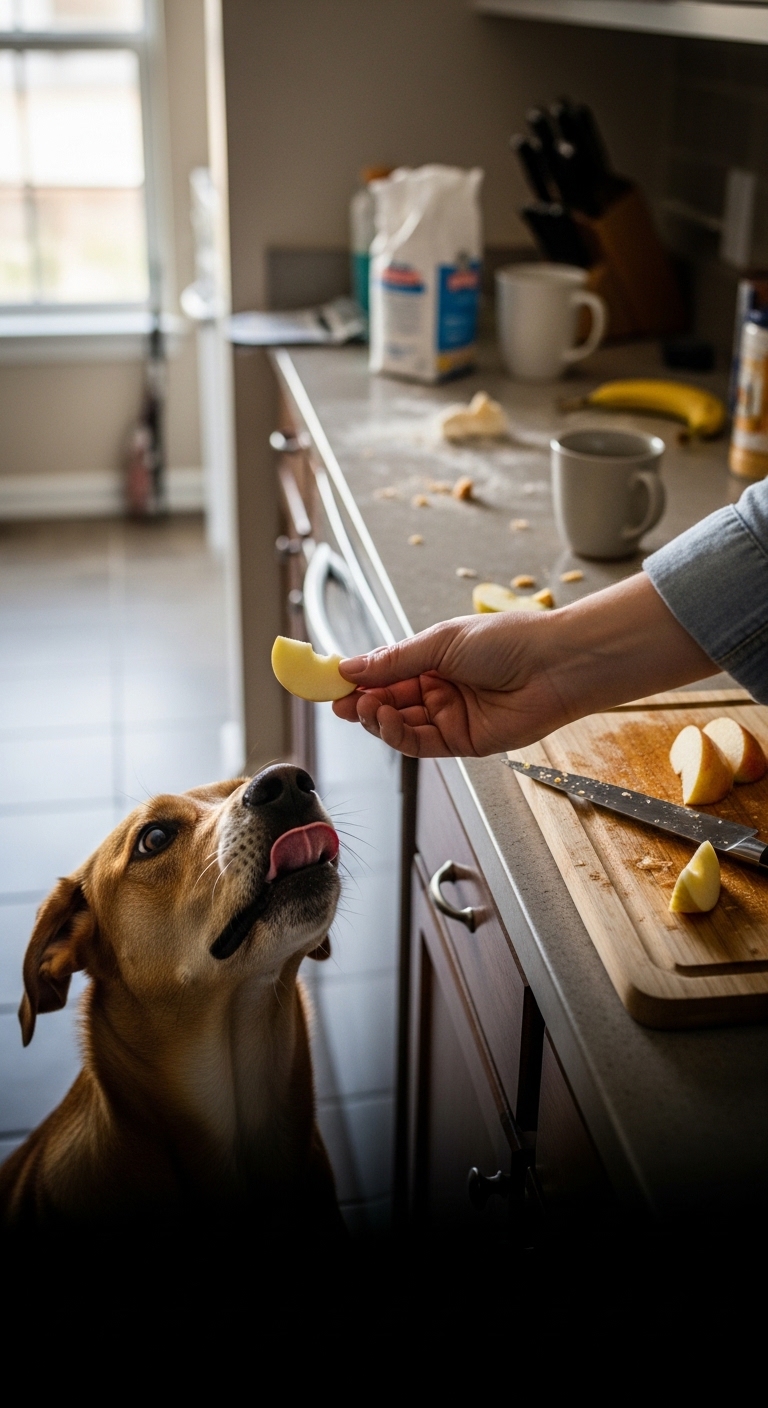 A dog is eating a piece of apple.
