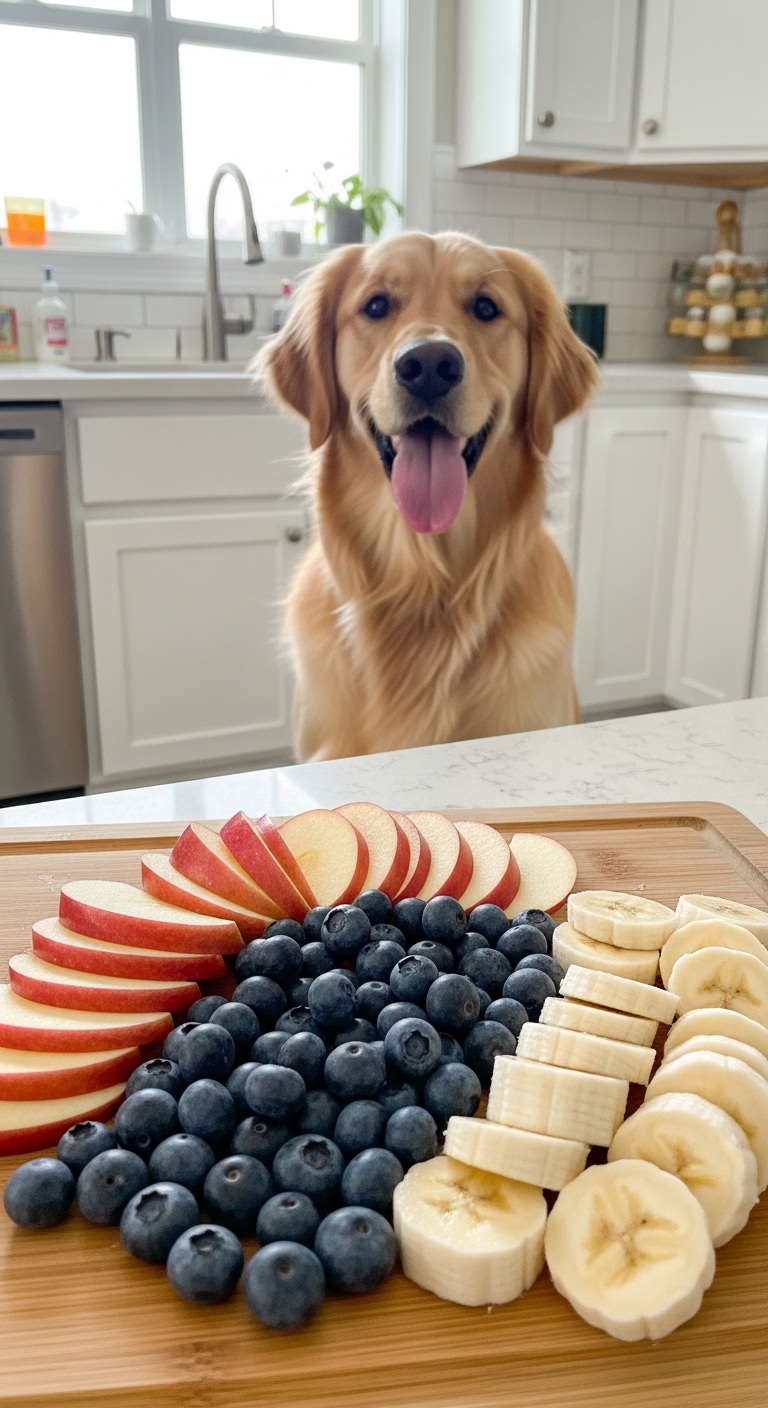 A dog is looking at a plate of fruit.