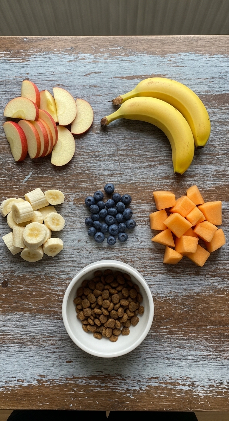 A bowl of dog food sits on a table next to a banana, blueberries, and apples.