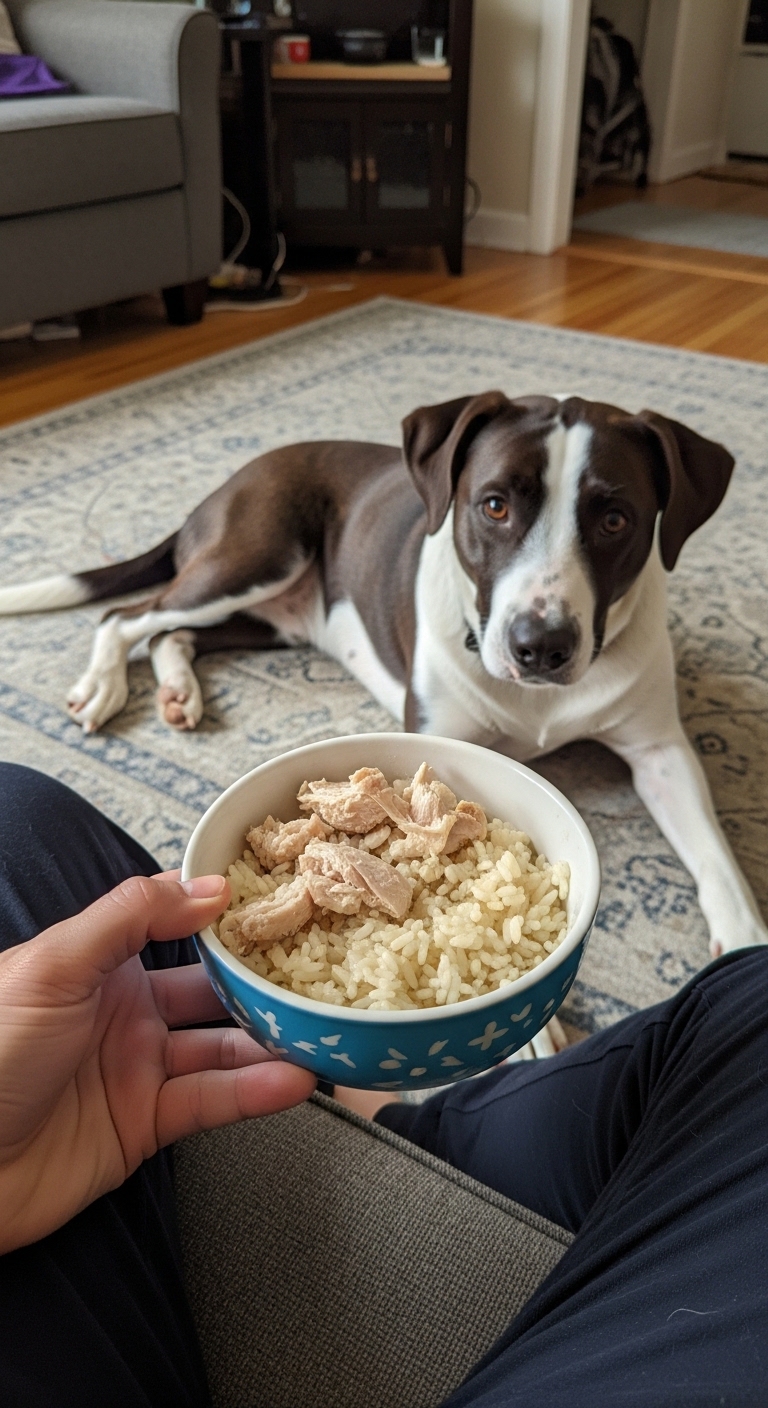A dog is laying on the floor with a bowl of food in front of it.
