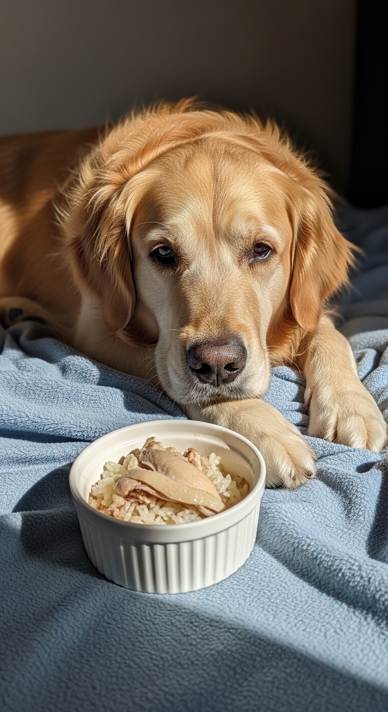 A dog is eating rice and chicken.