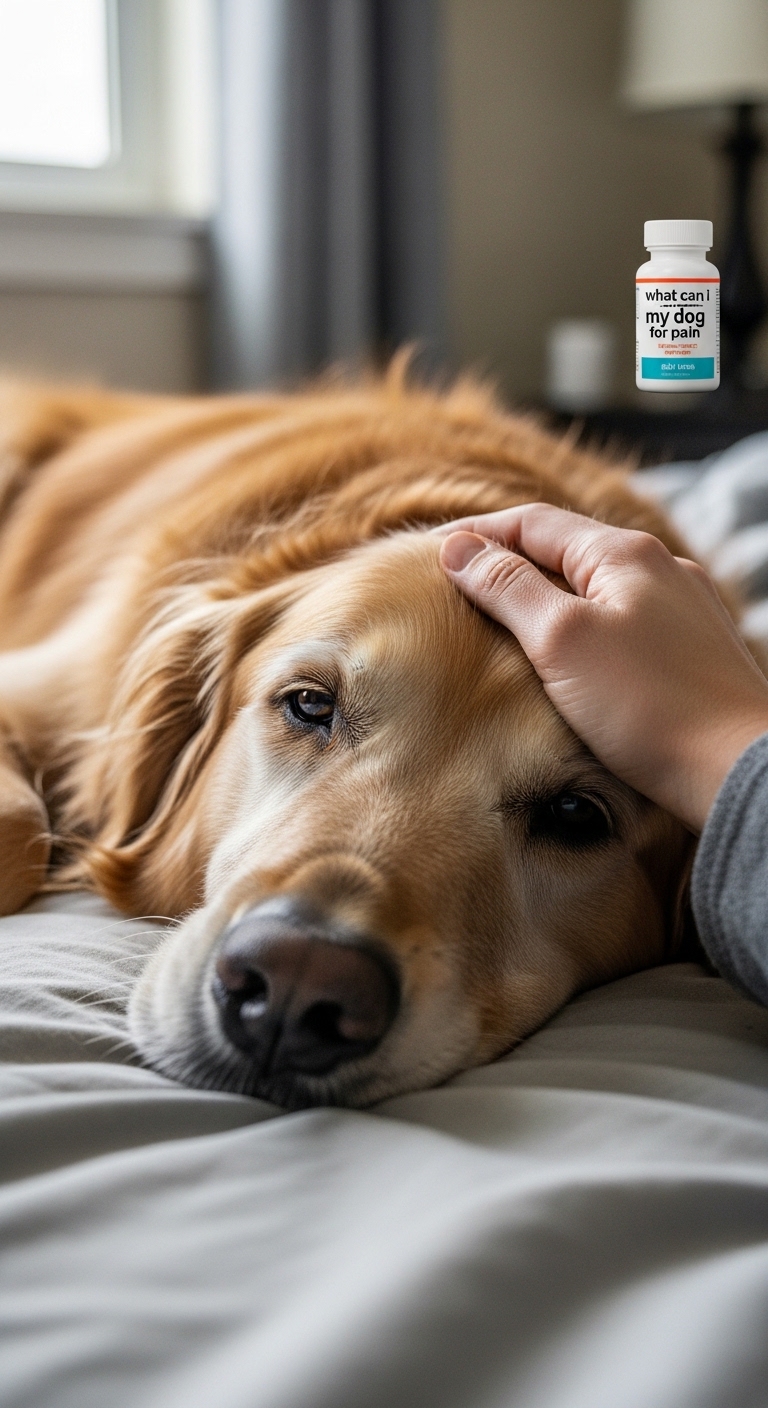 A person petting a dog with a bottle of pain medication nearby.