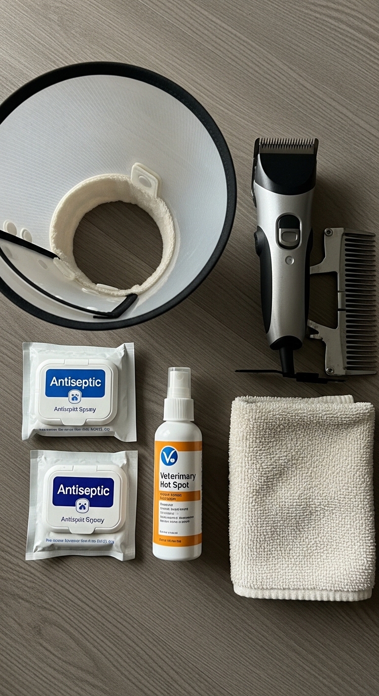A bottle of antiseptic hot spot spray and a brush are on a table.