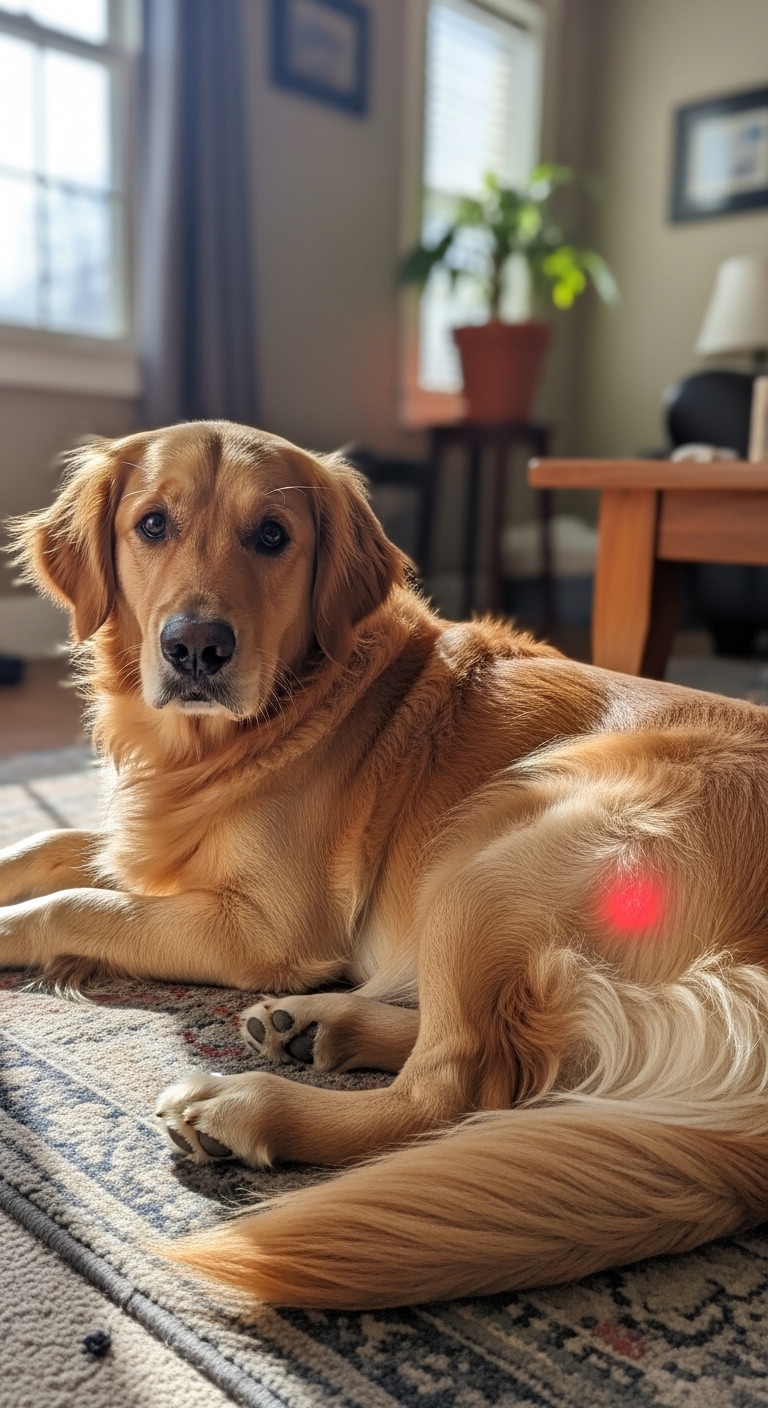 A dog with a red spot on its back.