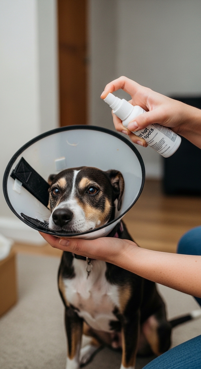 A dog with a cone on its head.