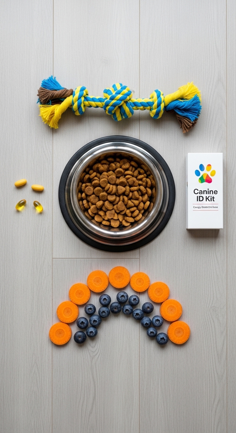 A bowl of dog food with a blue and orange toy.