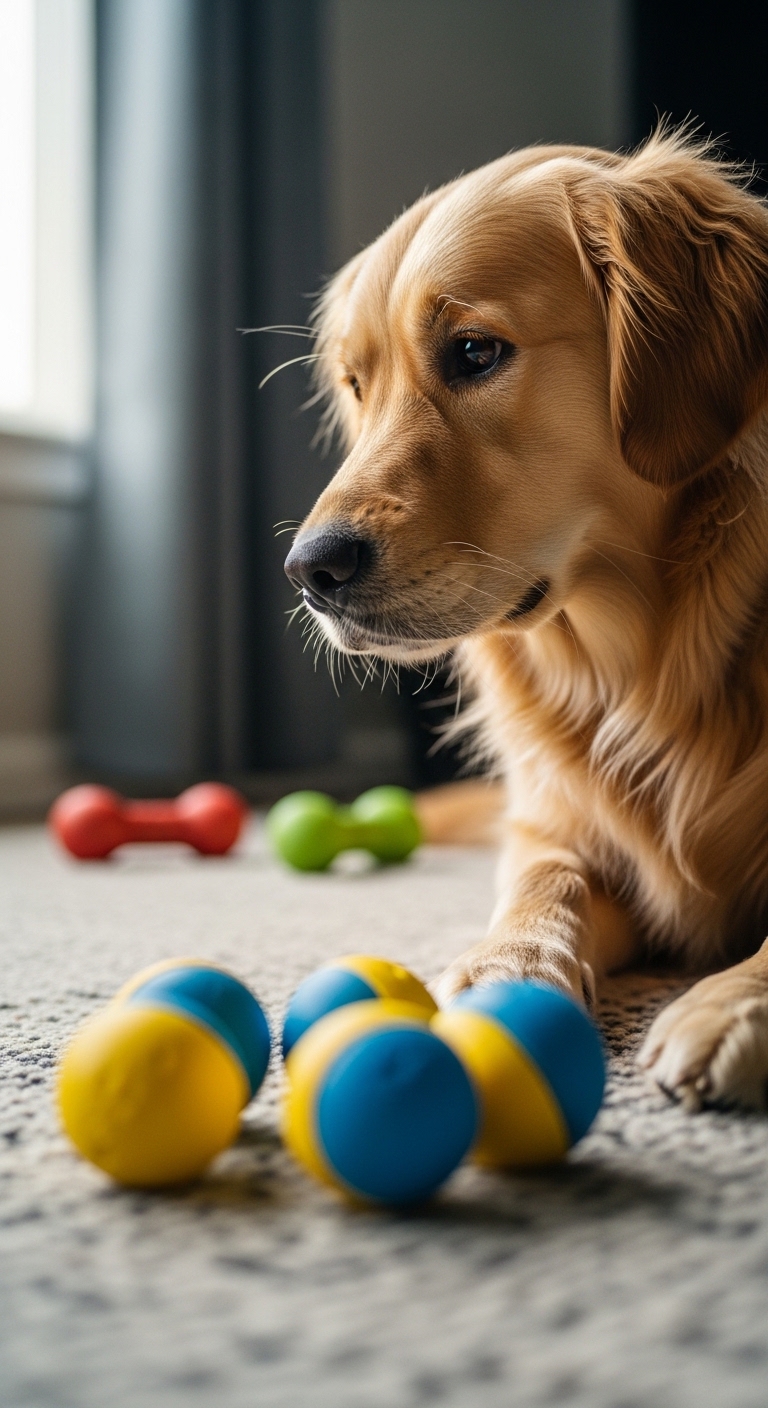 A dog with a brown and white fur is laying on the floor with a toy in front of it.