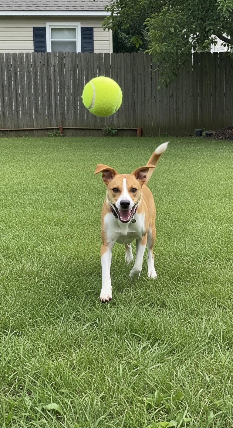 A dog with a tennis ball in its mouth.