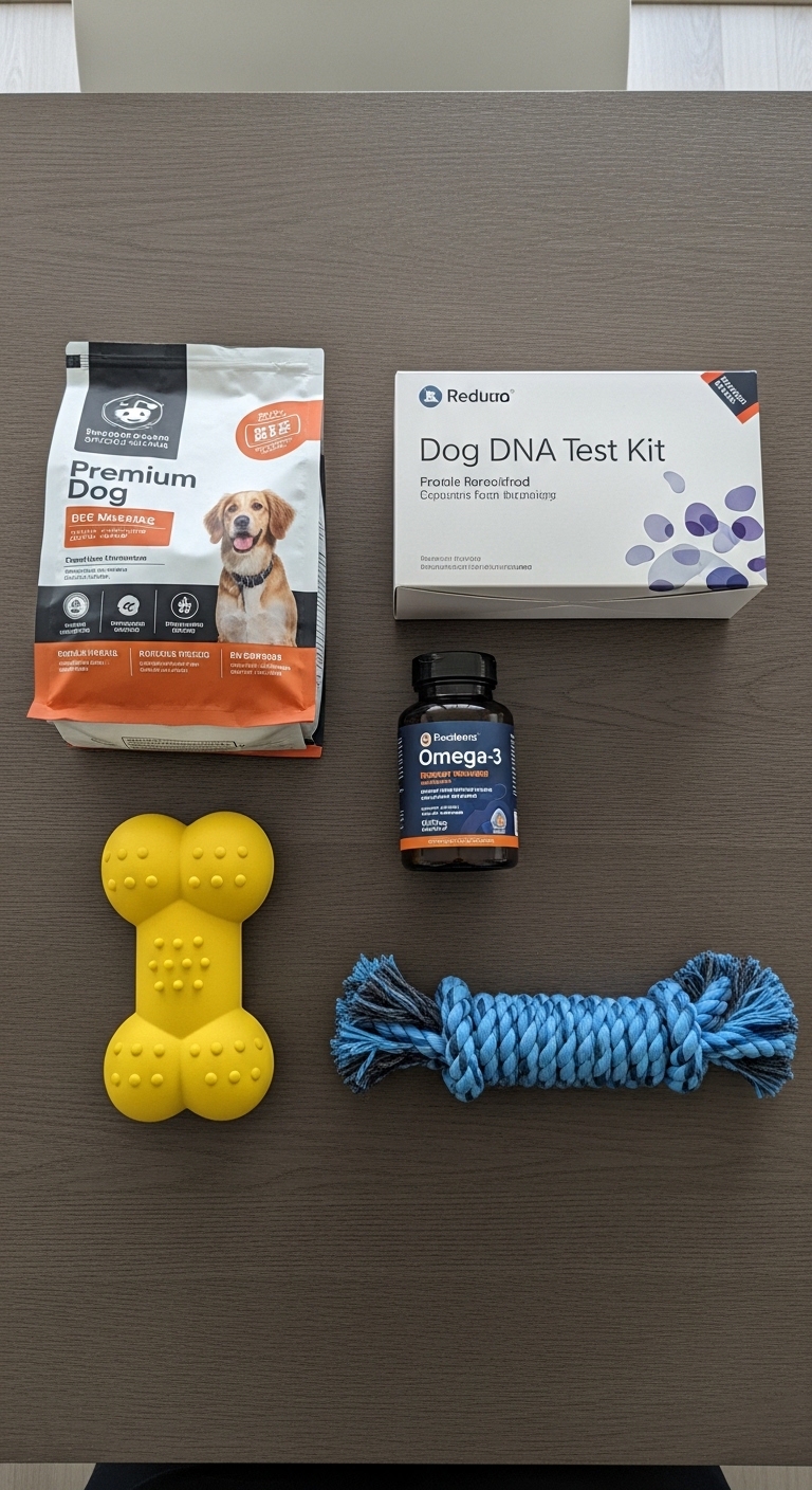 A dog food bag, a bottle of Omega 3, and a yellow dog toy are on a table.