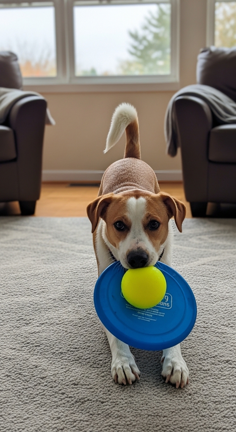 A dog holding a blue frisbee with a yellow ball in its mouth.