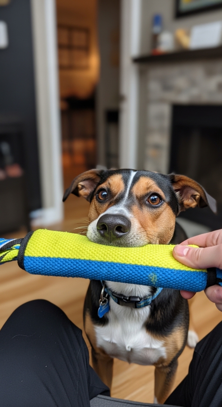 A dog with a blue collar holding a yellow and blue toy.