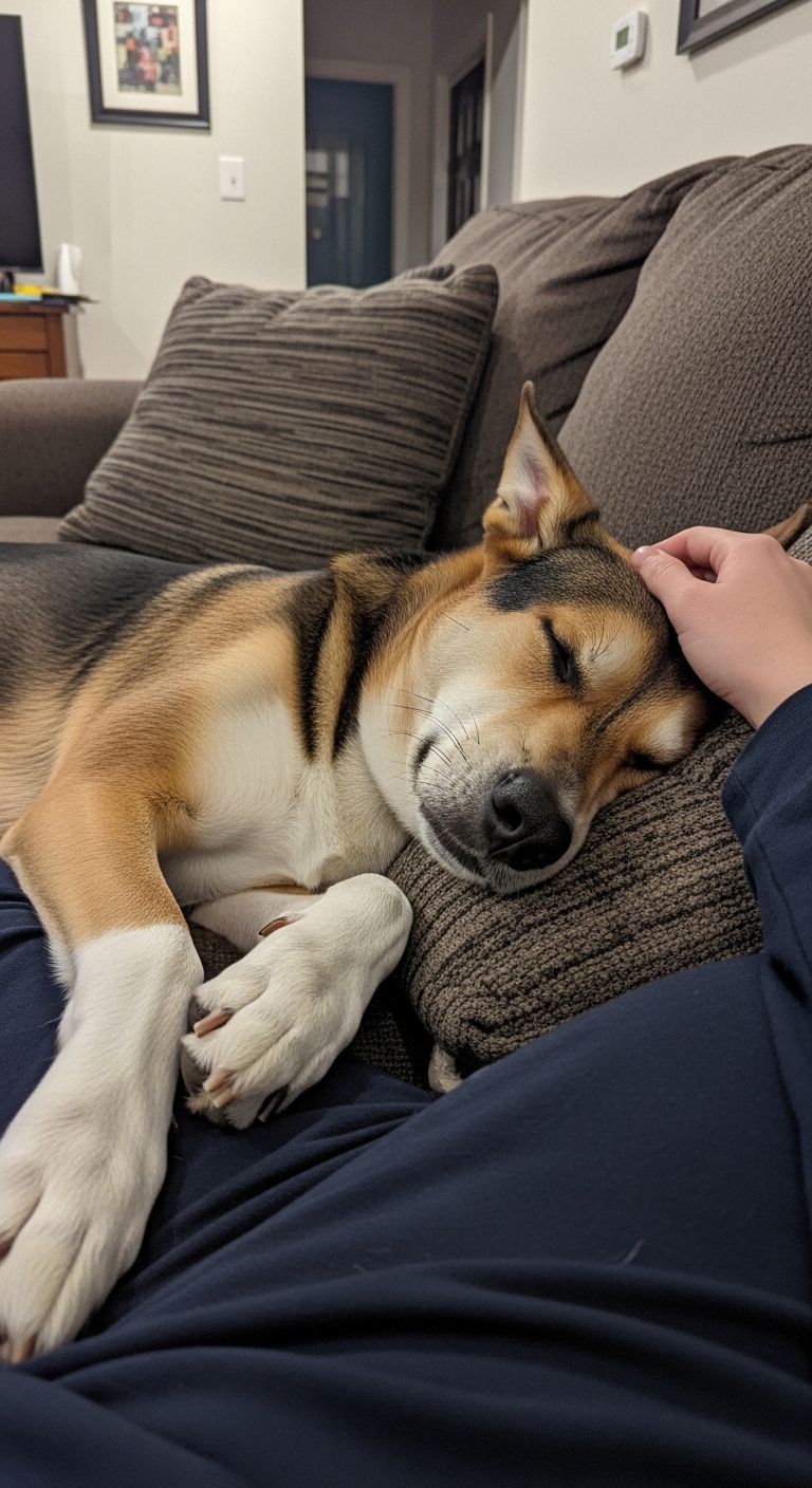 A dog sleeping on a couch with a person's hand on its head.