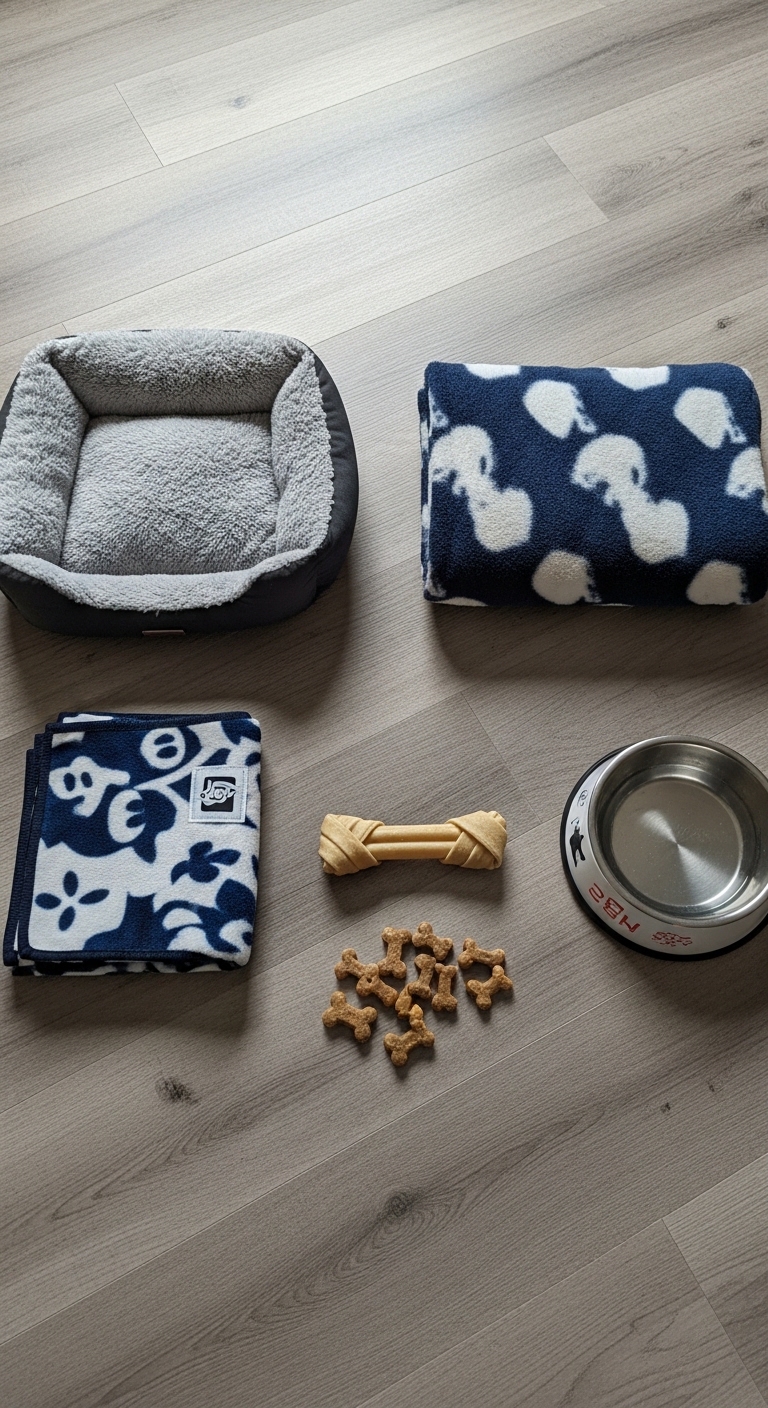 A dog bed, blanket, and toy are on a table.